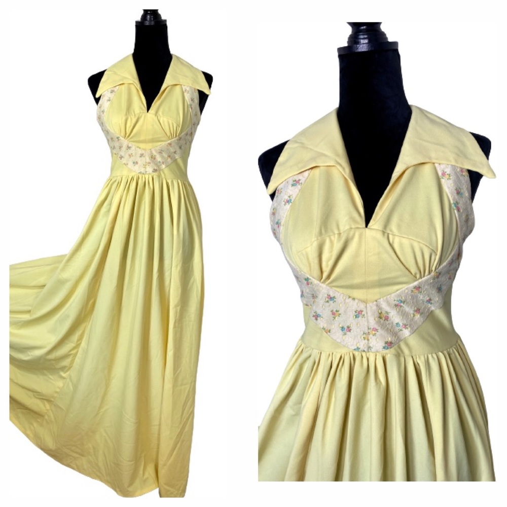 Vintage 1970s Point Collared Halter Maxi Dress XS-S Yellow Floral Formal Long.